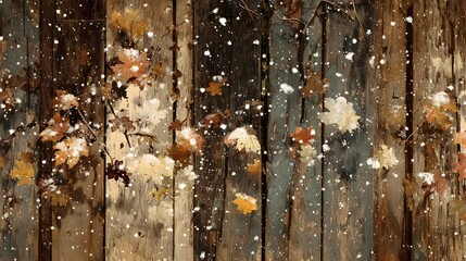 Muted wood tones with snow-speckled autumn leaves