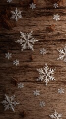 Snowflake overlays on dry brown leaves and wood grain surface, vertical frame, no text or logo