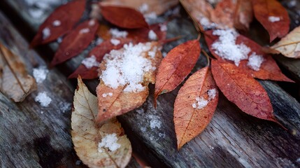 Muted wood tones with snow-speckled autumn leaves