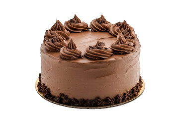 A delicious round chocolate cake with rich chocolate frosting and decorative swirls on top, isolated on transparent background
