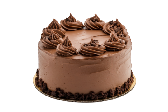 A delicious round chocolate cake with rich chocolate frosting and decorative swirls on top, isolated on transparent background