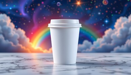 Celestial Brew: A blank, pristine paper cup stands alone against a backdrop of a mesmerizing celestial canvas, inviting the viewer to imagine a beverage and the journey it embodies.