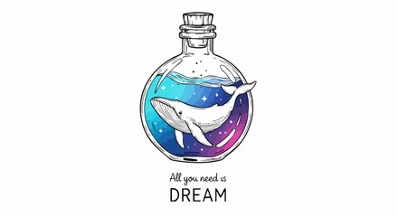Whale inside a bottle with dreamy space background, inspiring art for creative projects