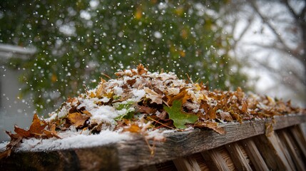 Snowfall beginning on top of a pile of leaves over wooden planks