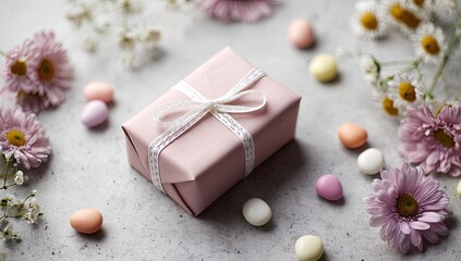 Pink gift box with ribbon surrounded by pastel candies and delicate flowers.