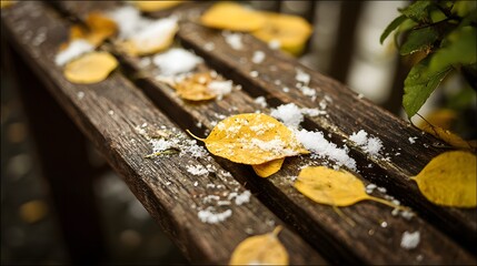 Light snowfall and golden leaves gently arranged on timber