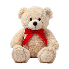 A fluffy, light brown teddy bear with a red ribbon tied in a bow around its neck, sitting and isolated on a transparent background, perfect for childrens themes and gifts