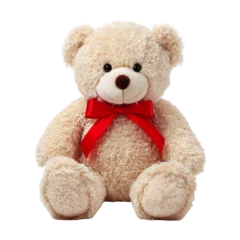 Fotobehang Beer A fluffy, light brown teddy bear with a red ribbon tied in a bow around its neck, sitting and isolated on a transparent background, perfect for childrens themes and gifts  © Saba