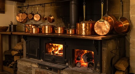 Antique copper pots and pans displayed above a rustic woodburning stove with glowing embers