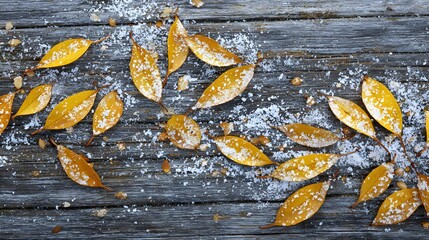 Light snowfall and golden leaves gently arranged on timber