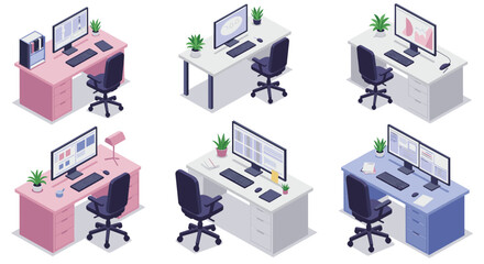 Modern isometric workspaces with desks and computers for office design