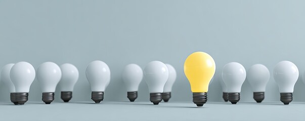 A single glowing light bulb stands out from a row of unlit bulbs symbolizing innovation and unique ideas.