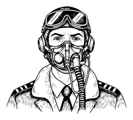 Hand Drawn Portrait of a Pilot with an Oxygen Mask and Goggles