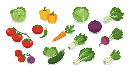 Fototapeta premium Fresh vegetable collection with cabbage, tomatoes, peppers, and more in colorful isometric design