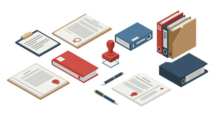 Isometric office supplies set with documents, binders, and stamps