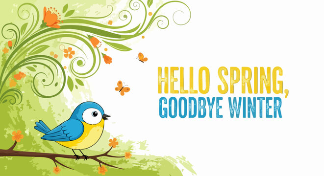 Vibrant hello spring goodbye winter scene with cheerful bird and blooming flowers welcomes renewal