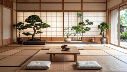 Japanese senior communal lounge with low wooden tables, tatami mats, potted bonsai, and minimalist decor