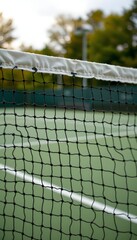 Tennis Net and Court : A close-up shot of a tennis net, with the lush green court and surrounding landscape visible in soft focus. capturing the essence of the game.