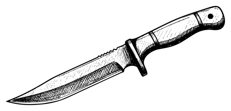 Hand Drawn Military Combat Knife in Engraving Style black shape vector laser cutting engraving monochrome print