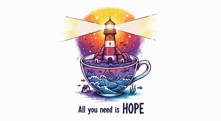 Whimsical lighthouse scene in a teacup inspires hope, guiding light through stormy seas to safety