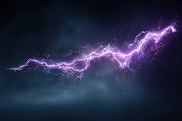 Bright purple lightning strikes across a dark, stormy sky, high resolution image. Use for power, energy, or dramatic effect in design and advertising.