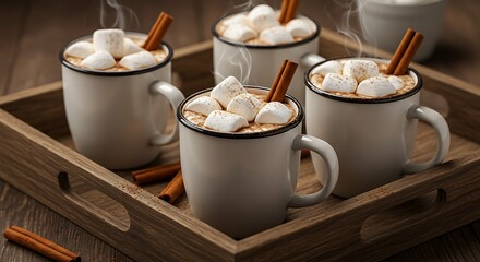 Four steaming mugs of hot chocolate with marshmallows and cinnamon sticks on a wooden tray, perfect for a cold day