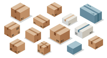 Various isometric cardboard and shipping boxes collection