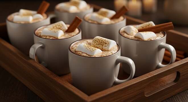 Six mugs of hot chocolate topped with marshmallows and cinnamon sticks on a wooden tray, a cozy winter drink