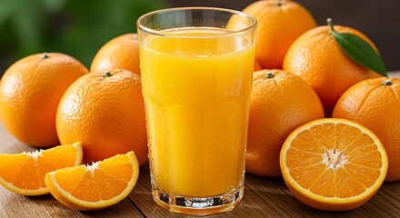 A tall glass of fresh orange juice is surrounded by whole and sliced oranges on a wooden surface, with a blurred green background