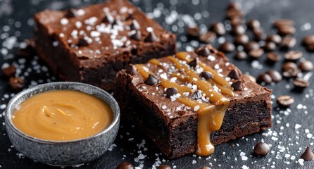 Two rich, fudgy brownies, topped with caramel drizzle, sea salt, and chocolate chips, sit on a dark surface scattered with coffee beans
