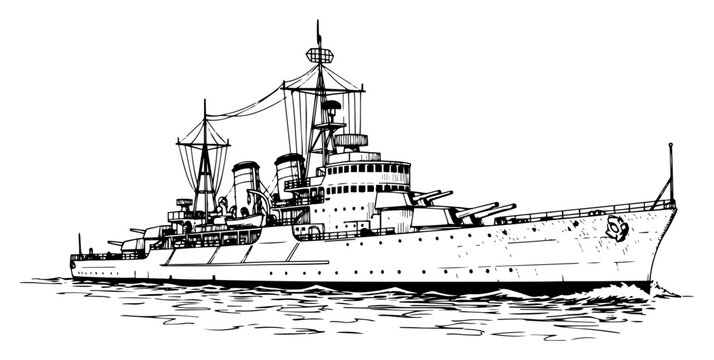 Vintage Military Warship Hand Drawn Illustration