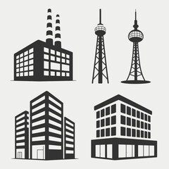 Fototapeta premium Industrial and Commercial Building Icons Factory, Towers, Office Buildings