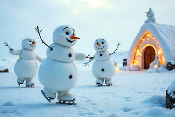 Obraz premium Three Cheerful Snowmen Wearing Ice Skates Enjoying A Winter Wonderland With A Glowing Igloo In The Background