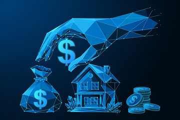 Digital Real Estate Investment  Polygonal Hand Placing Dollar Coin into House with Money Bag and Coin Stack