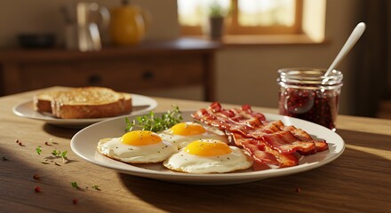 A plate of fried eggs and crispy bacon served with toast and jam, a classic breakfast combination