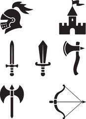 Medieval knight helmet, castle, sword, axe, bow icons