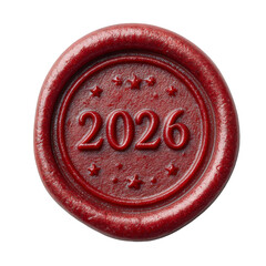 A deep red wax seal with the embossed number 2026 in the center, surrounded by small stars, isolated on a transparent background, representing the upcoming new year, celebration, and future
