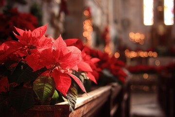 Red poinsettia flowers adorn a church pew with lights in background. Perfect for religious holiday cards and Christmas themed projects.