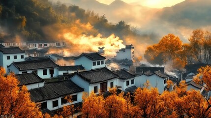 Naklejka premium Morning in Wuyuan: Traditional Village with White Walls, Black Tiles, Autumn Gold, Misty Sunrise, Jiangxi China, High Definition Panoramic Nature Scene.