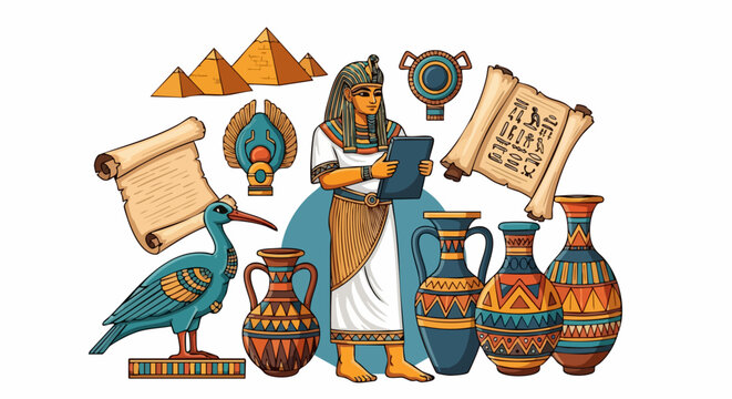An Egyptian scribe stands surrounded by pyramids, scrolls, vases, and a bird statue, evoking ancient Egyptian culture and history.