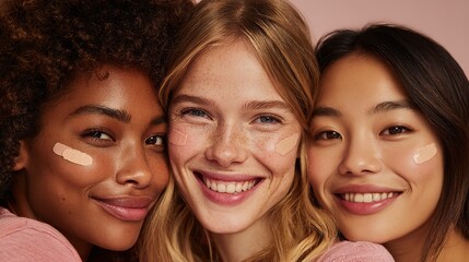 Three friends with diverse hairstyles and skin tones smile while applying makeup. They share a lighthearted moment in a cozy space with a warm, pink backdrop.