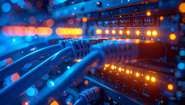 Digital Hub: A close-up view of server room featuring network cables plugged into a server, with glowing lights showcasing data flow. - Powered by Adobe