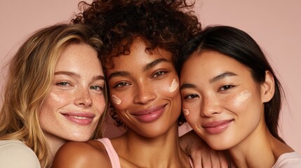 In a vibrant setting, three women with diverse features share smiles while showcasing their natural makeup. Each has a unique style with minimalistic touches.
