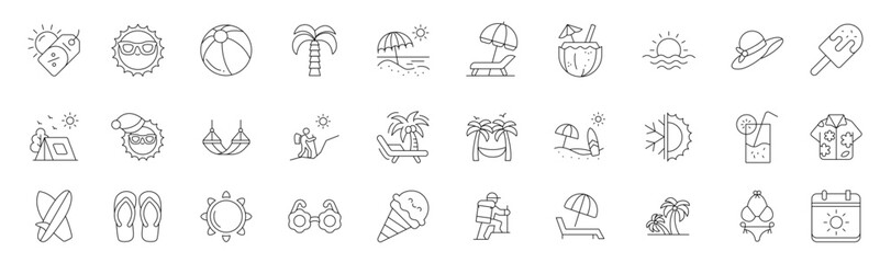 Summer holiday icon collection | travel trip, seaside sunset, tropical vibes, palm trees, cocktails, swimming pool, beach fun, modern flat vector illustration pack