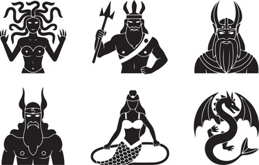 Mythical creatures icons powerful gods and legendary beings