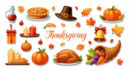 Thanksgiving themed illustration featuring a turkey, pie, pumpkins, cornucopia, candles, hat, bell, and autumn leaves.