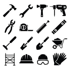 Obraz premium Minimalist construction and safety tool icons set Hammer, drill, gloves, helmet, shovel, wheelbarrow, scaffold vector pack for industrial, building & safety use