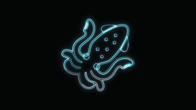 Squid Icon Neon Seamless Loop 4K with Black Background Animated Promotional Typography for Video Editing