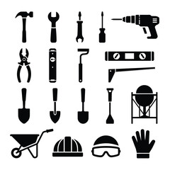 Industrial construction tool and safety gear vector pack  Minimalist hammer, drill, gloves, helmet, scaffolding, shovel icons for professional use