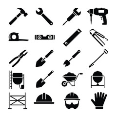 Obraz premium Vector minimalist building tools and safety equipment icons Gloves, helmet, scaffolding, drill, hammer, shovel, wheelbarrow in clean line art style